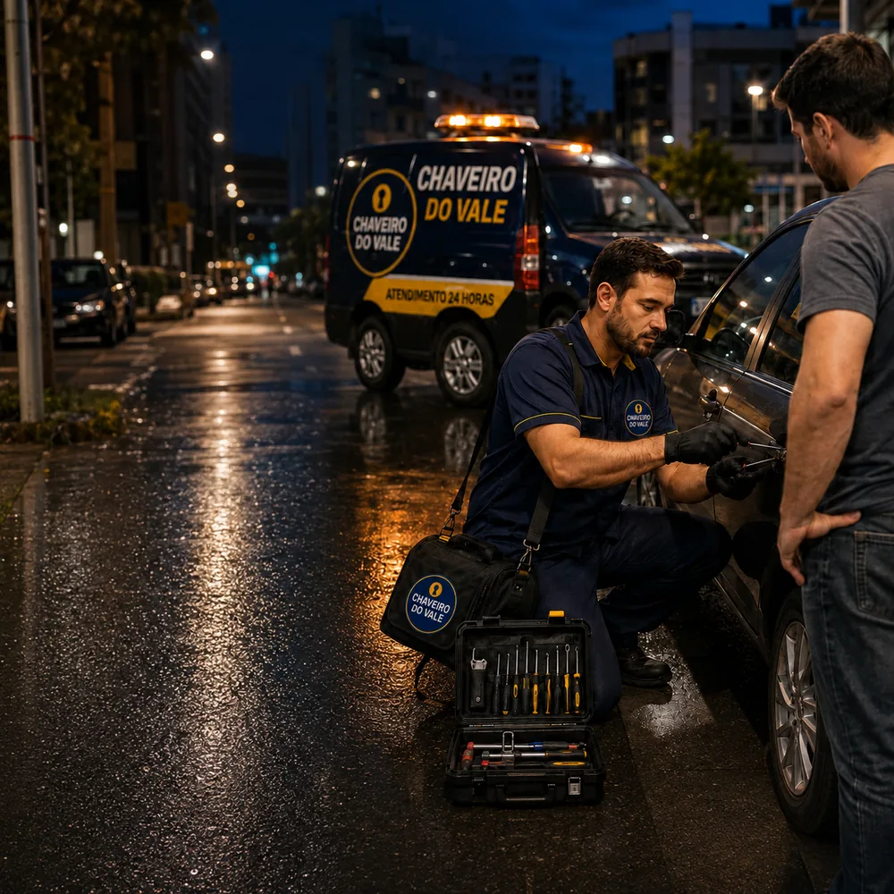 Atendimento automotivo noturno do Chaveiro do Vale com ferramentas profissionais