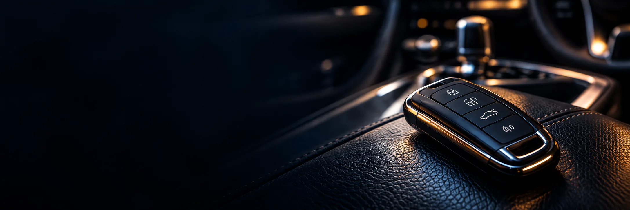Chave reserva automotiva sobre o couro do interior de um veículo