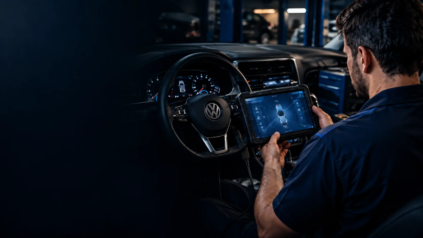 Técnico utilizando equipamento de diagnóstico para programação de chave automotiva