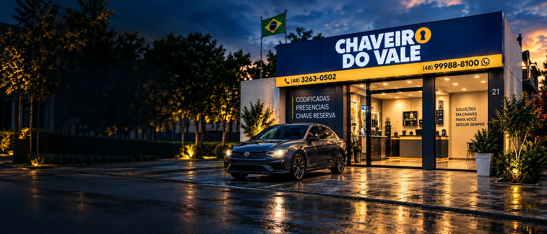 Fachada do Chaveiro do Vale ao entardecer em Tijucas